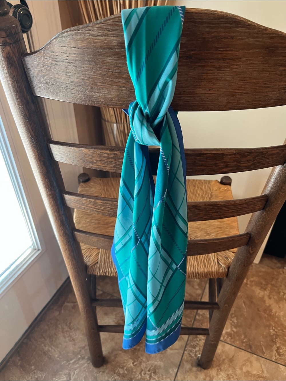 VTG Monique Martin Long Silk Scarf Argyle Plaid Blue Teal Green Italy 70s 60"